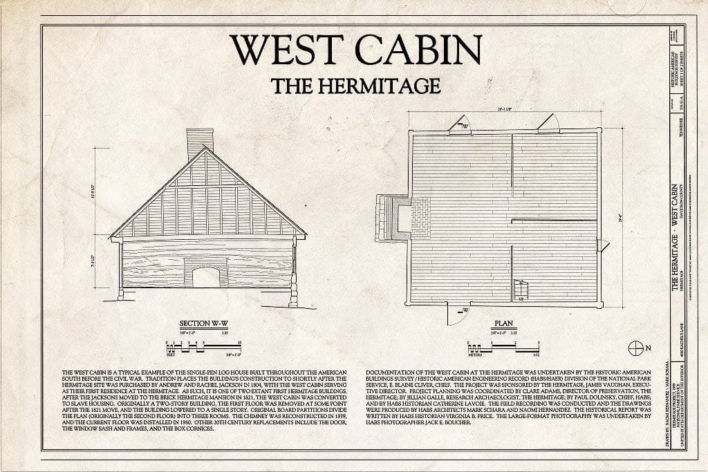 Blueprint 1. Section and Plan - The Hermitage, West Cabin, 4580 Rachel's Lane, Hermitage, Davidson County, TN