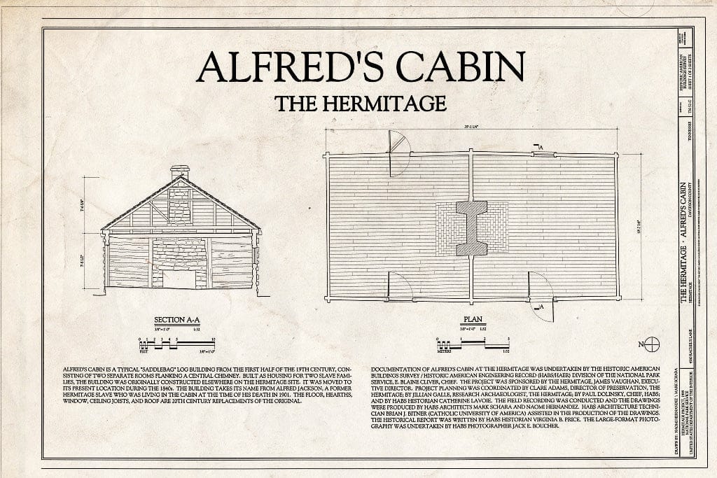 Blueprint 1. Section and Plan - The Hermitage, Alfred's Cabin, 4580 Rachel's Lane, Hermitage, Davidson County, TN