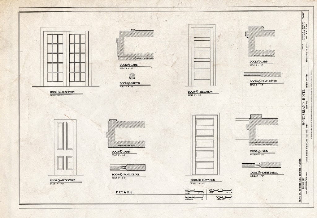 Blueprint Door Details - Elkmont Historic District, Wonderland Club, Wonderland Hotel, Annex & Servants' Quarters, Wonderland Hotel Access Road, Elkmont, Sevier County, TN