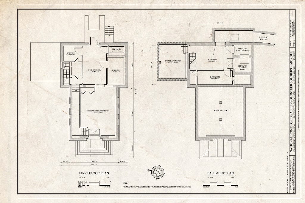 Blueprint Basement & First Floor Plans - National Home for Disabled Volunteer Soldiers, Mountain Branch, Morgue, Lamont & Veterans Way, Johnson City, Washington County, TN