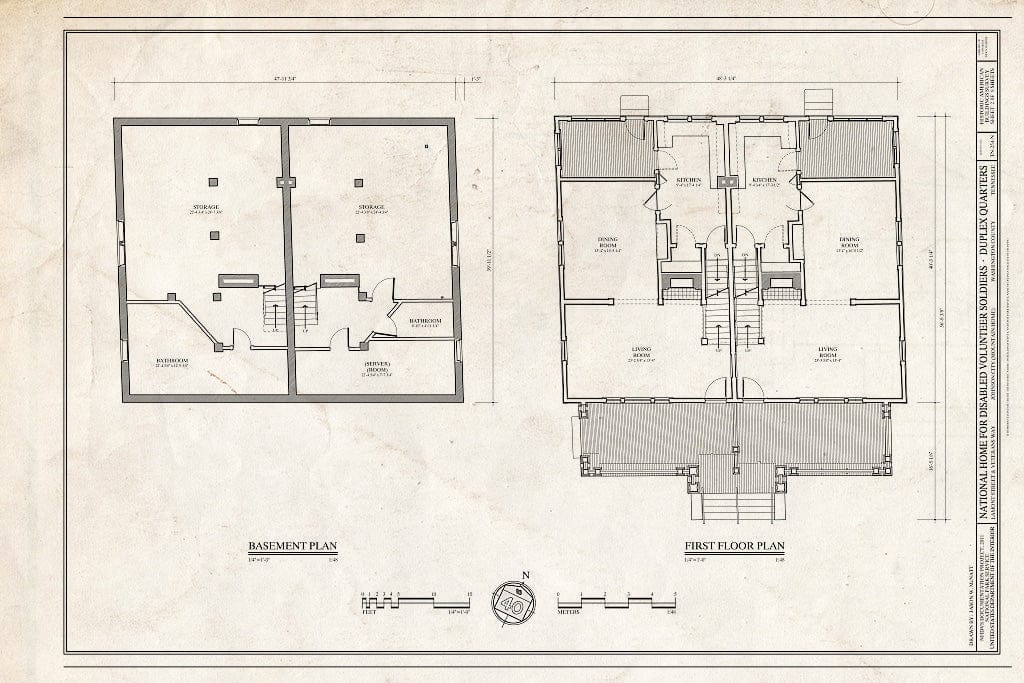 Blueprint Basement & First Floor Plan - National Home for Disabled Volunteer Soldiers, Mountain Branch, Duplex Quarters, Lamont & Veterans Way, Johnson City, Washington County, TN