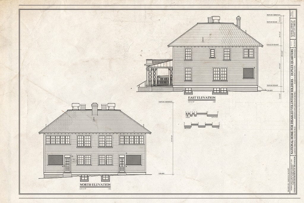 Blueprint East & North Elevations - National Home for Disabled Volunteer Soldiers, Mountain Branch, Duplex Quarters, Lamont & Veterans Way, Johnson City, Washington County, TN