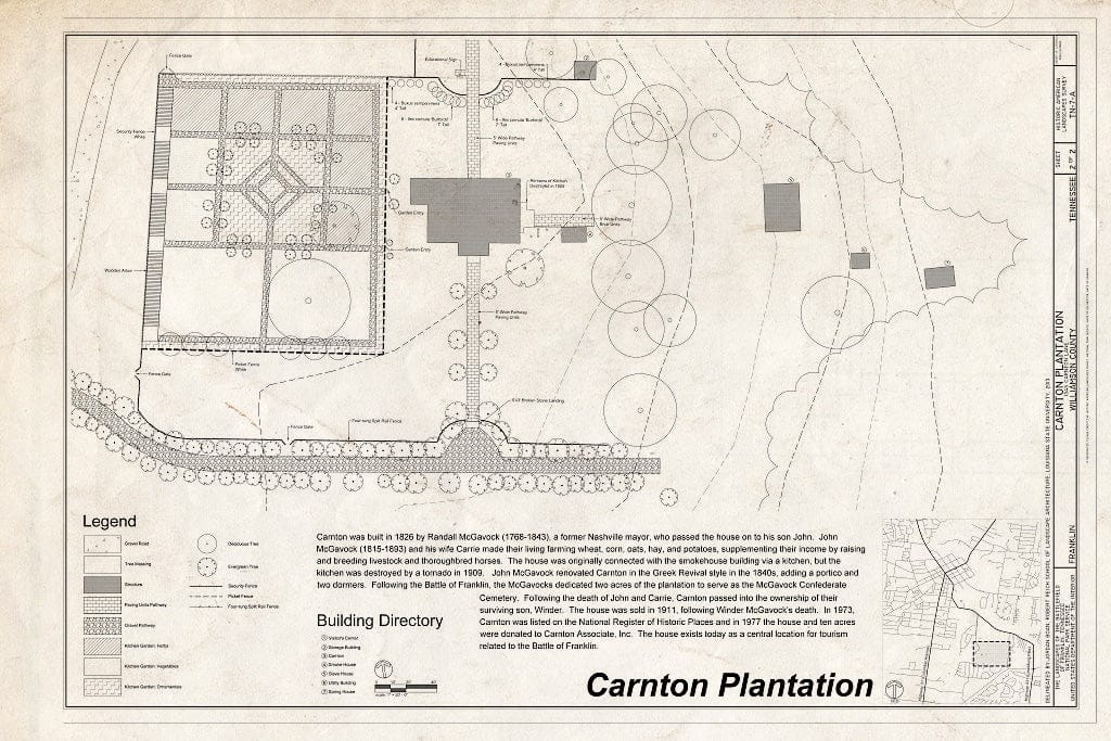 Blueprint Carnton Plantation, House and Garden - The Landscapes of the Battlefield of Franklin, Tennessee, Carnton Plantation, 1345 Carnton Lane, Franklin, Williamson County, TN