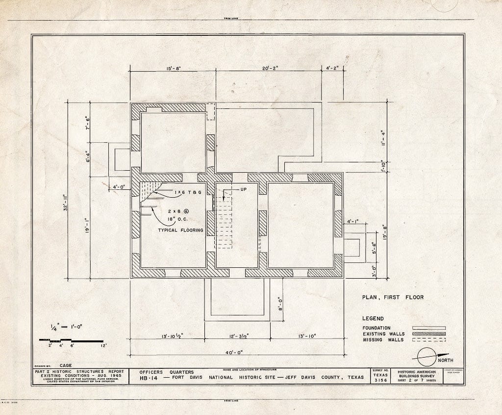 Blueprint First Floor Plan - Fort Davis, Quarters, HB-14, Texas Route 17, Fort Davis, Jeff Davis County, TX