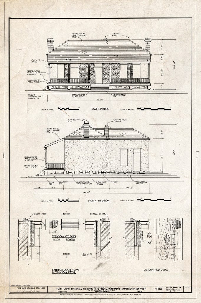 Blueprint East and North elevations; Details - Fort Davis, Captain's Quarters, Fort Davis, Jeff Davis County, TX