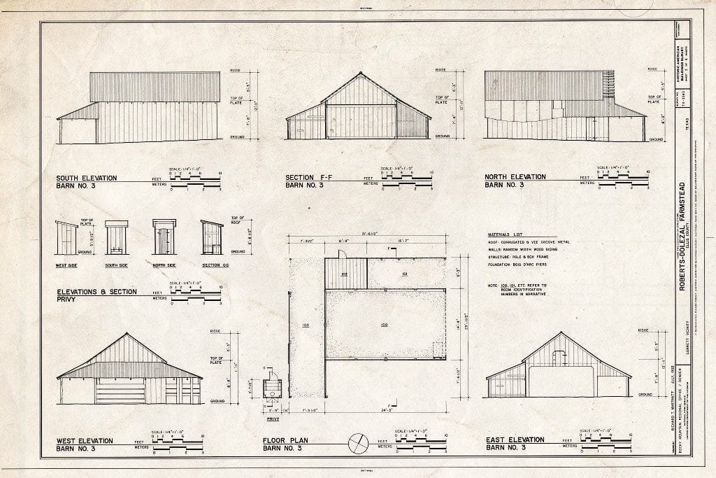 Blueprint Elevations, Section, and Floor Plan of Barn No. 3 - Roberts-Dolezal Farmstead, 75 miles northeast of the intersection of CR27 and FM 1722, Garrett, Ellis County, TX