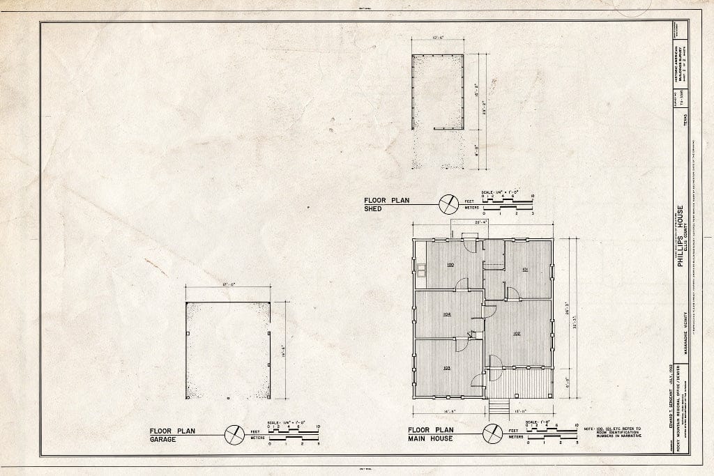 Blueprint Floor Plans of Main House, Shed, and Garage - Phillips House, 0.20 Miles Southwest of The Intersection of Greathouse and Boz Roads, Waxahachie, Ellis County, TX