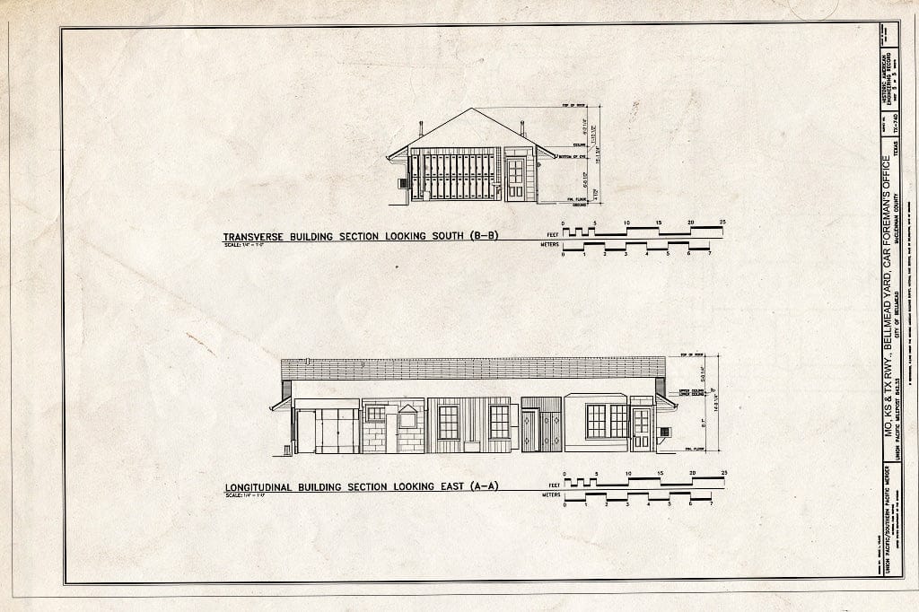 Blueprint Transverse Building Section Looking South - Missouri, Kansas & Texas (MKT) Railroad, Bellmead Yard, Car Foreman's Office, Bellmead, McLennan County, TX