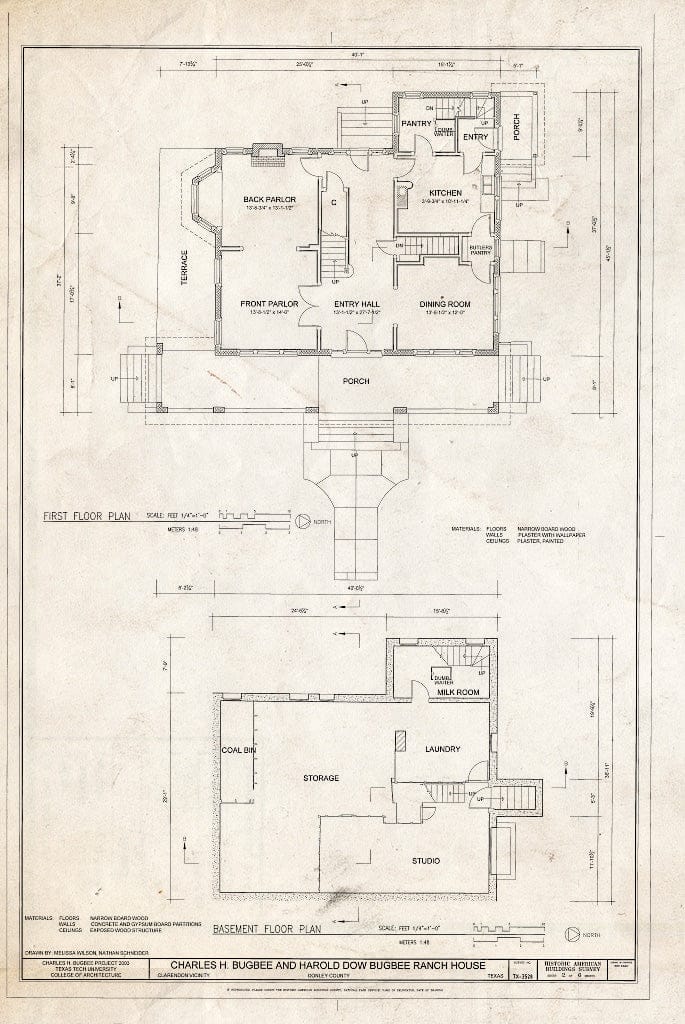 Blueprint Basement & First Floor Plan - Charles H. Bugbee & Harold Dow Bugbee Ranch House, Clarendon, Donley County, TX