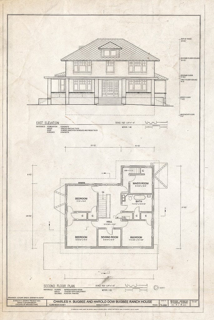 Blueprint East Elevation & Second Floor Plan - Charles H. Bugbee & Harold Dow Bugbee Ranch House, Clarendon, Donley County, TX