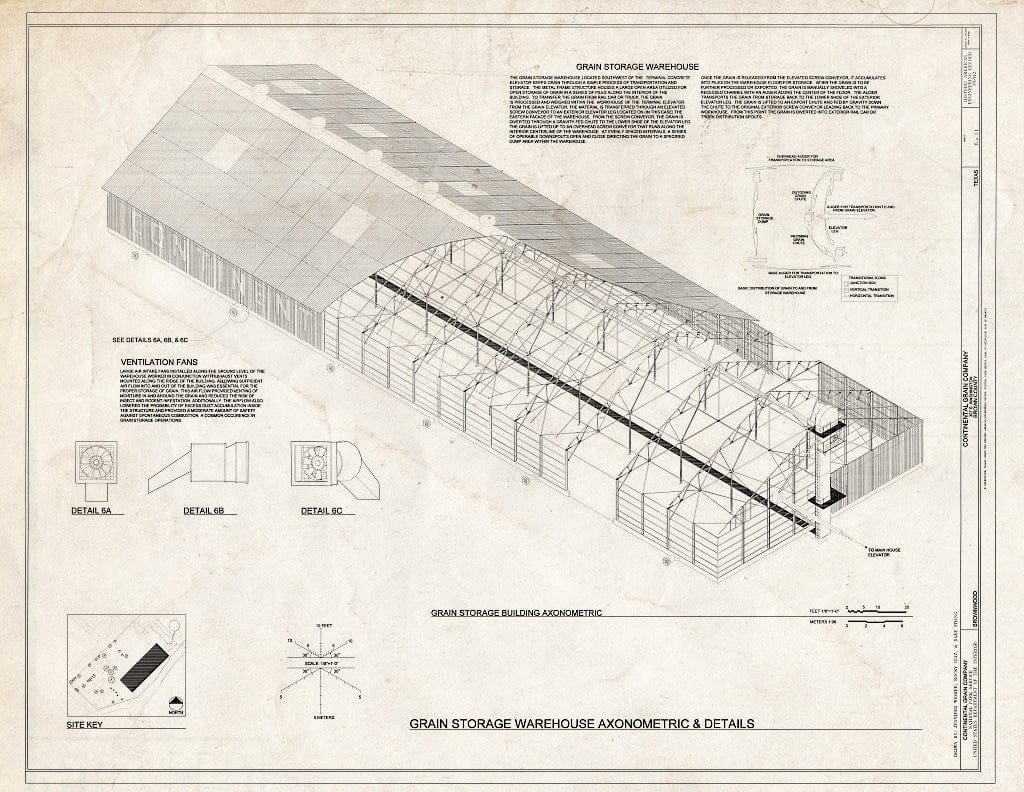 Blueprint Grain Storage Warehouse Axonometric & Details - Continental Grain Company, 307 South Washington Street, Brownwood, Brown County, TX