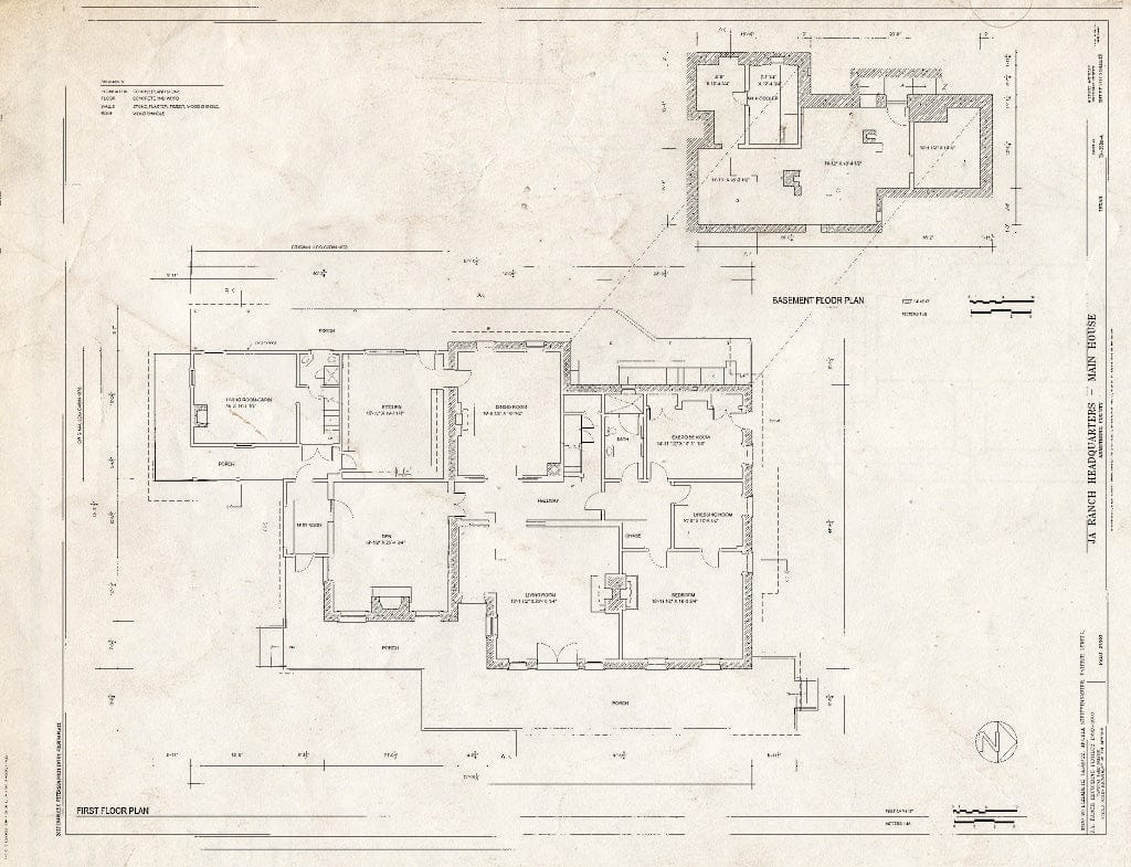 Blueprint First Floor Plan and Basement Plan - J A Ranch Headquarters, Main House, Paloduro, Armstrong County, TX