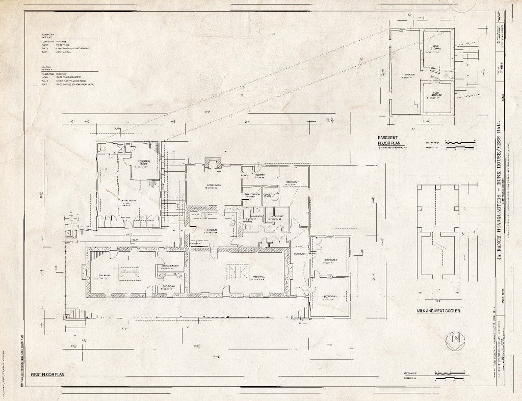 Blueprint First Floor Plan & Basement Floor Plan - J A Ranch Headquarters, Bunk House/Mess Hall, Paloduro, Armstrong County, TX