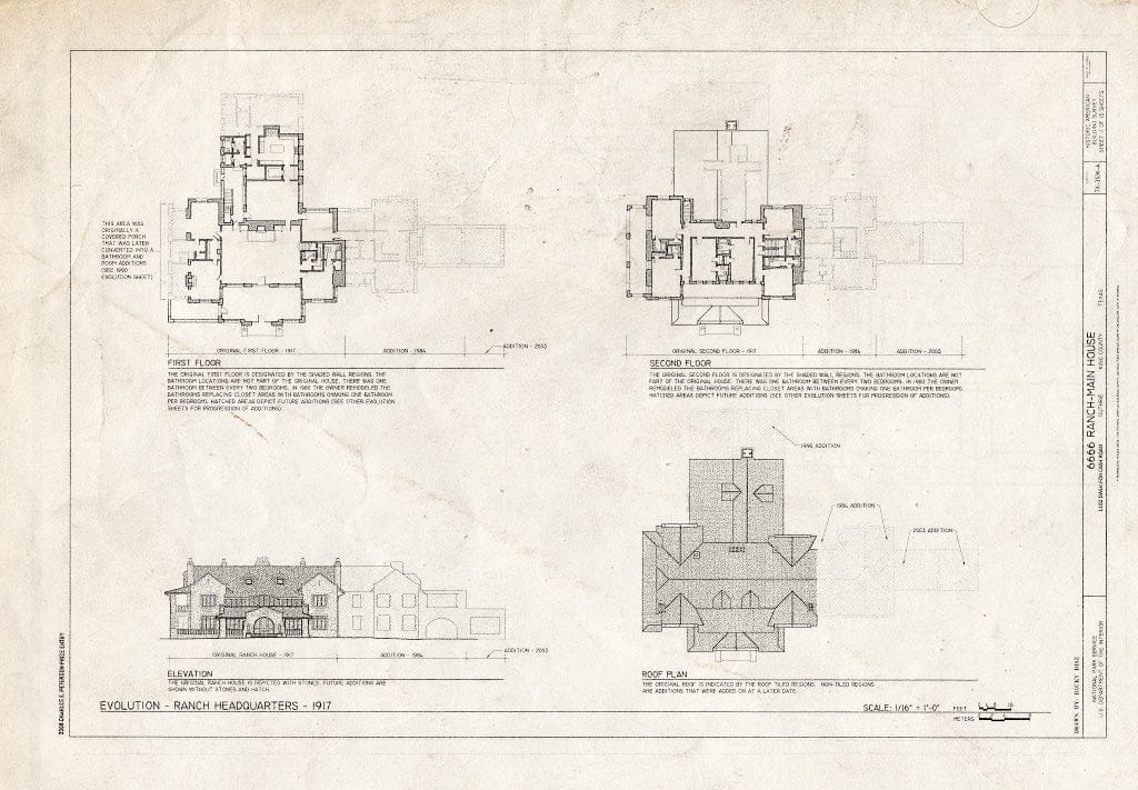 Blueprint Evolution of Ranch House Headquarters, 1917-6666 Ranch, Main House, 1102 Dash for Cash Road, Guthrie, King County, TX