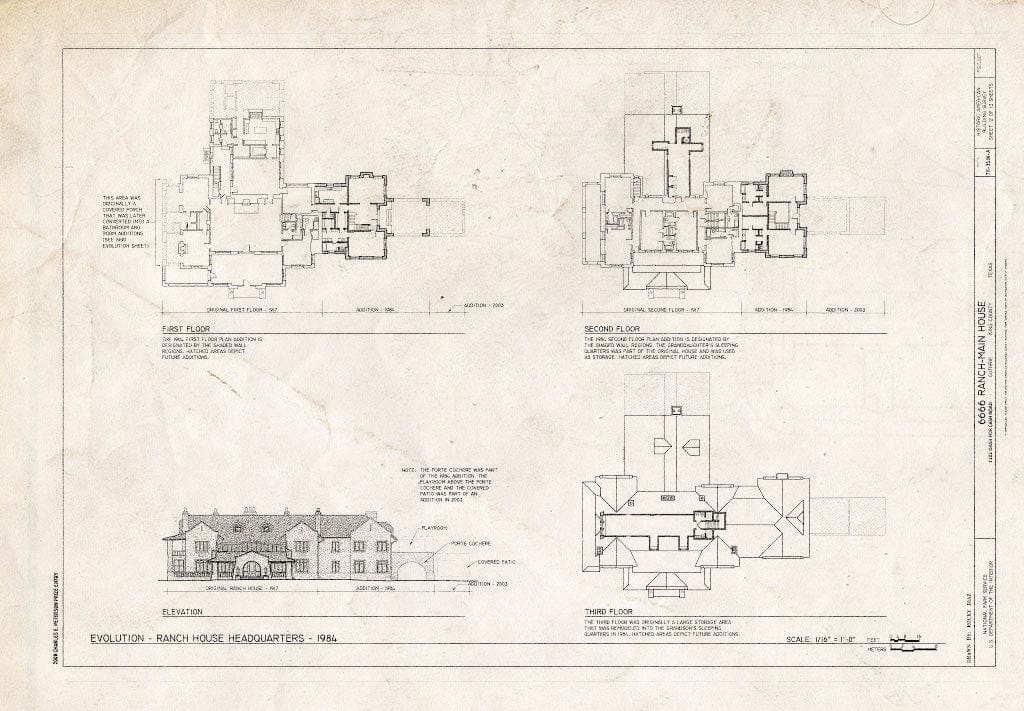 Blueprint Evolution of Ranch House Headquarters, 1984-6666 Ranch, Main House, 1102 Dash for Cash Road, Guthrie, King County, TX