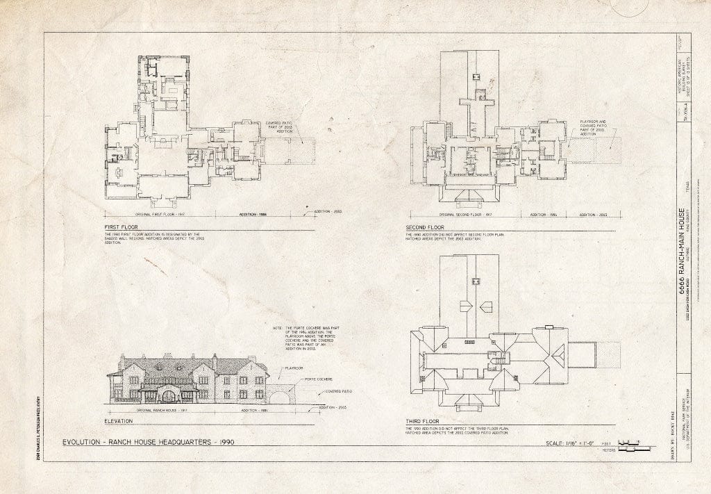 Blueprint Evolution of Ranch House Headquarters, 1990-6666 Ranch, Main House, 1102 Dash for Cash Road, Guthrie, King County, TX