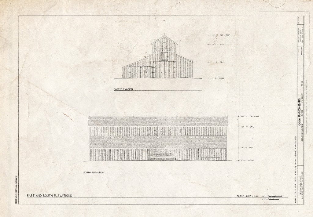 Blueprint East and South Elevation - 6666 Ranch, Barn, 1102 Dash for Cash Road, Guthrie, King County, TX