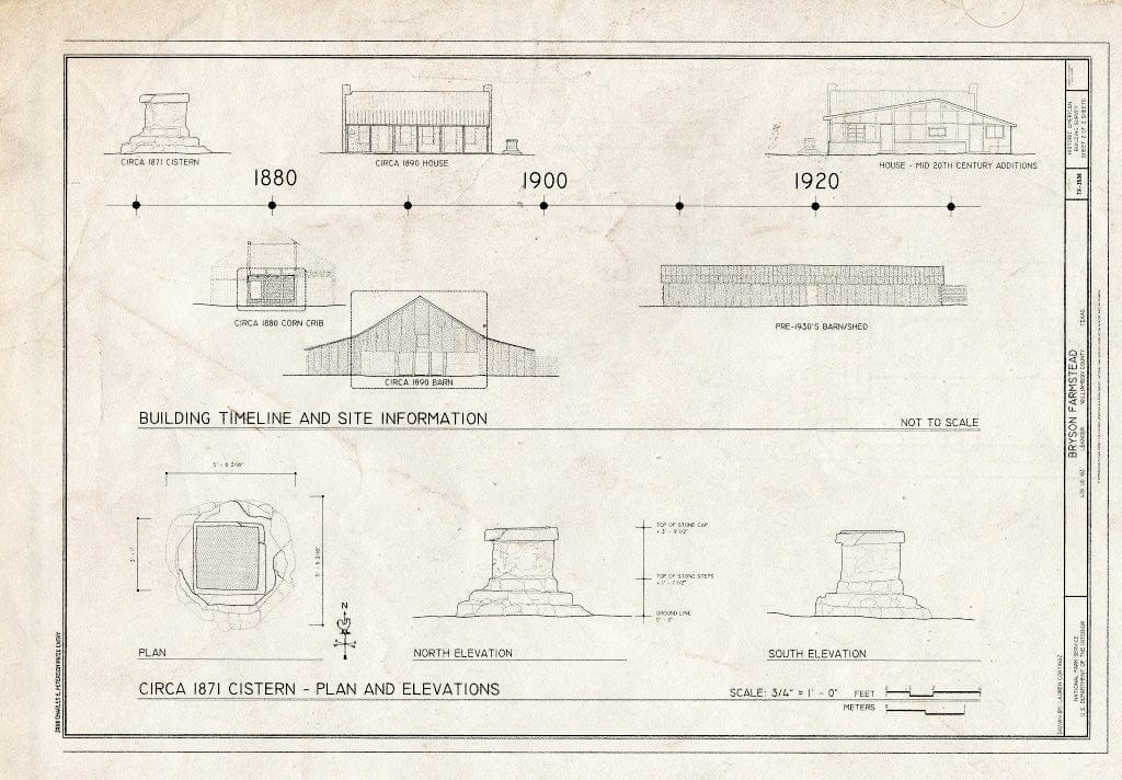 Blueprint Building The Timeline and Site Information, and Circa 1871 Cistern - Plans and Elevations - Bryson Farmstead, 4181 US Highway 183, Leander, Williamson County, TX