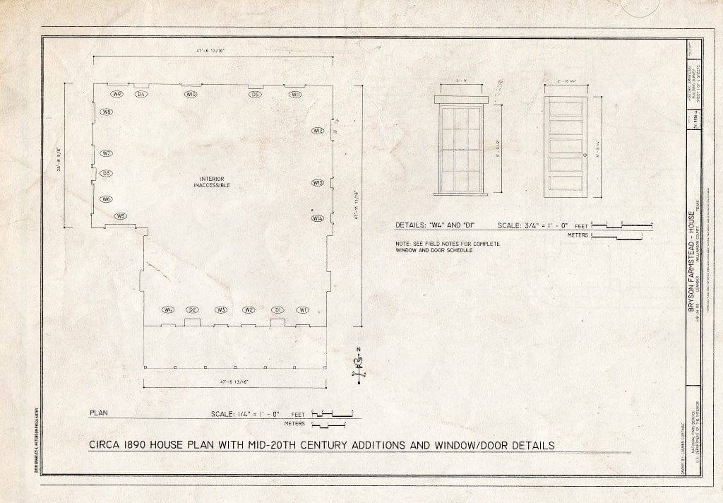 Blueprint Circa 1890 House Plan with mid-20th Century additions and Window/Door Details - Bryson Farmstead, House, 4181 US Highway 183, Leander, Williamson County, TX