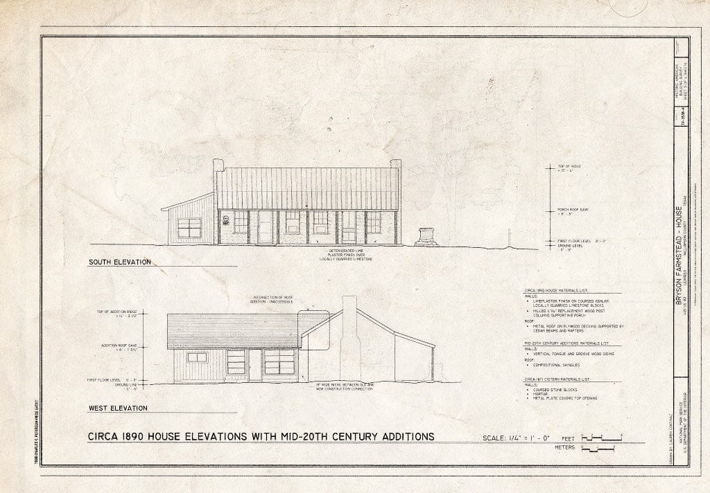 Blueprint Circa 1890 House elevations with mid-20th Century additions - Bryson Farmstead, House, 4181 US Highway 183, Leander, Williamson County, TX