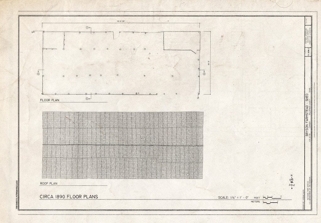 Blueprint Floor Plan and roof Plans - Bryson Farmstead, Shed, 4181 US Highway 183, Leander, Williamson County, TX