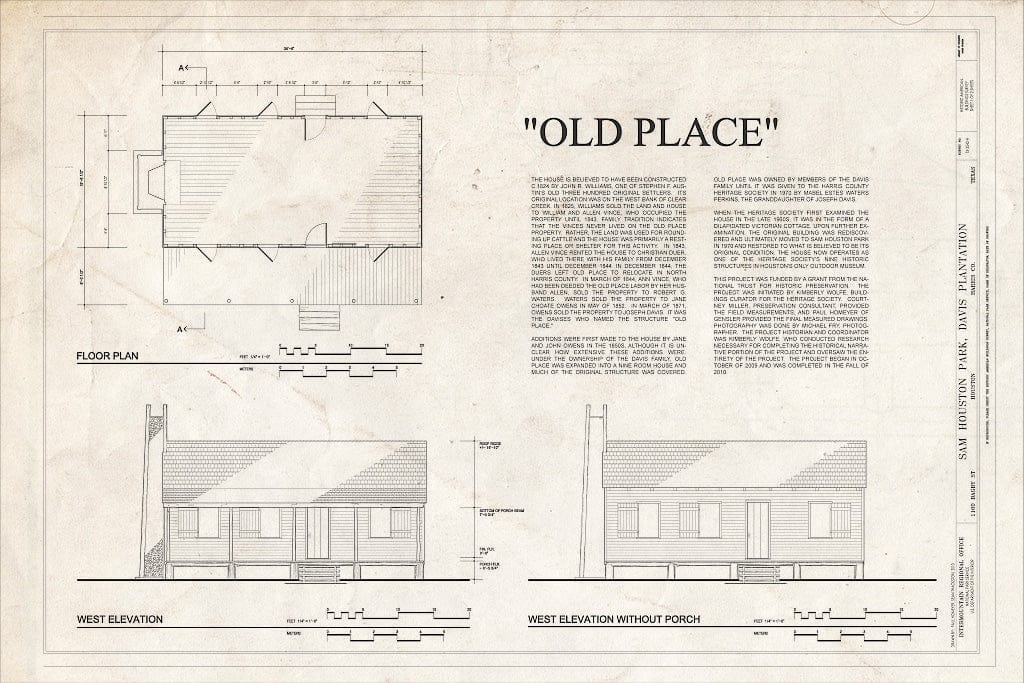 Blueprint Floor Plan and West Elevation - Sam Houston Park, Davis Plantation, 1100 Bagby Street, Houston, Harris County, TX