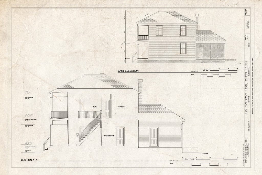 Blueprint East Elevation & Section - Sam Houston Park, Yates House, 1100 Bagby Street, Houston, Harris County, TX