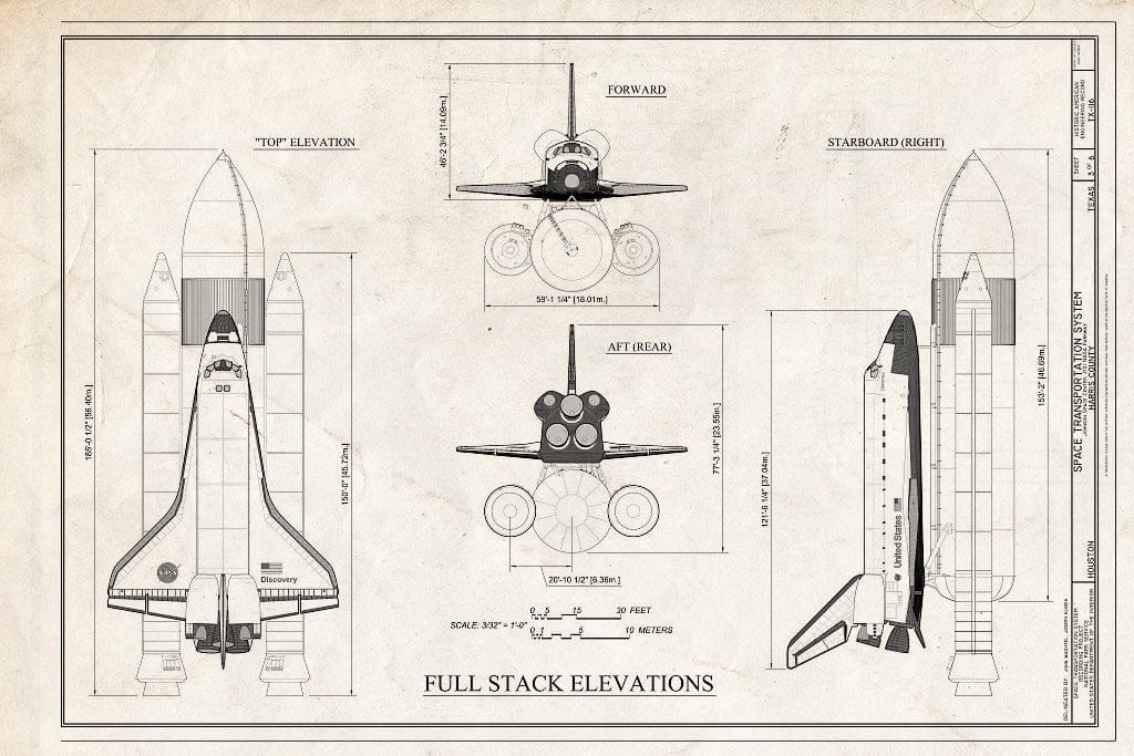 Blueprint 3. Elevations of the Space Shuttle Launch Stack Assembly - Space Transportation System, Lyndon B. Johnson Space Center, 2101 NASA Parkway, Houston, Harris County, TX