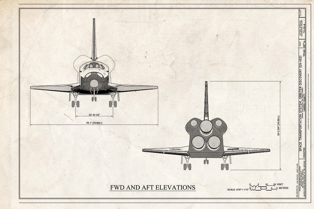 Blueprint FWD and AFT Elevations - Space Transportation System, Orbiter Discovery (OV-103), Lyndon B. Johnson Space Center, 2101 NASA Parkway, Houston, Harris County, TX