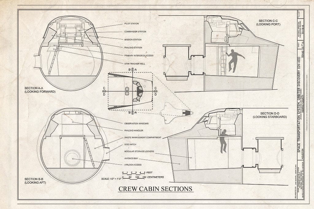 Blueprint Crew Cabin Sections - Space Transportation System, Orbiter Discovery (OV-103), Lyndon B. Johnson Space Center, 2101 NASA Parkway, Houston, Harris County, TX