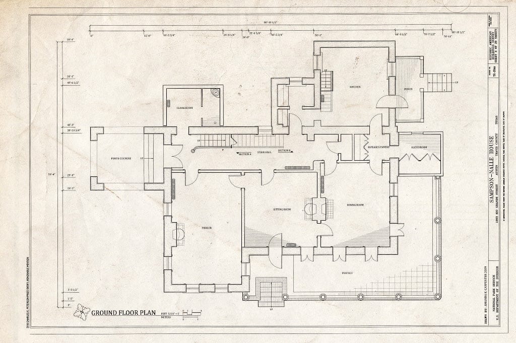 Blueprint Ground Floor Plan - Sampson-Nalle House, 1003 Rio Grande Street, Austin, Travis County, TX