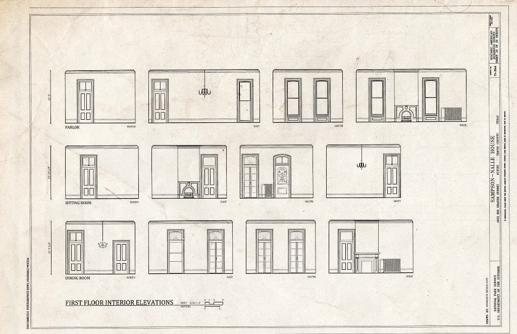 Blueprint First Floor Interior Elevations - Sampson-Nalle House, 1003 Rio Grande Street, Austin, Travis County, TX