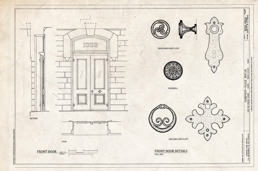 Blueprint Front Door Elevation & Details - Sampson-Nalle House, 1003 Rio Grande Street, Austin, Travis County, TX