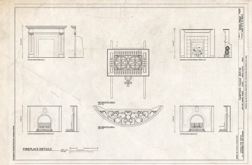 Blueprint Fireplace Details - Sampson-Nalle House, 1003 Rio Grande Street, Austin, Travis County, TX