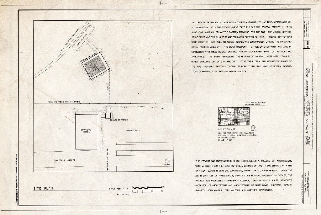 Blueprint Site Plan - Texas & Pacific Railroad Passenger Depot, 800 North Washington Street, Marshall Northeast, Harrison County, TX