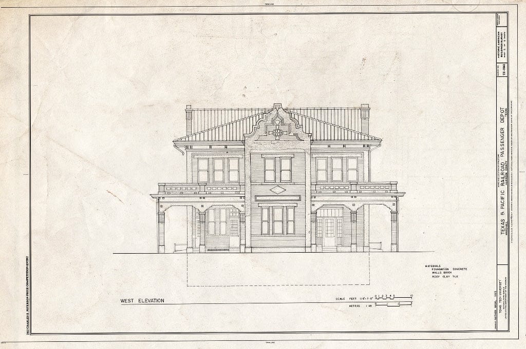 Blueprint West Elevation - Texas & Pacific Railroad Passenger Depot, 800 North Washington Street, Marshall Northeast, Harrison County, TX