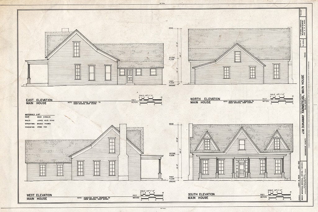 Blueprint Elevations - J. M. Dunaway Farmstead, Main House, 30 feet west of The J. M. Dunaway Farmstead Entrance Road, Waxahachie, Ellis County, TX