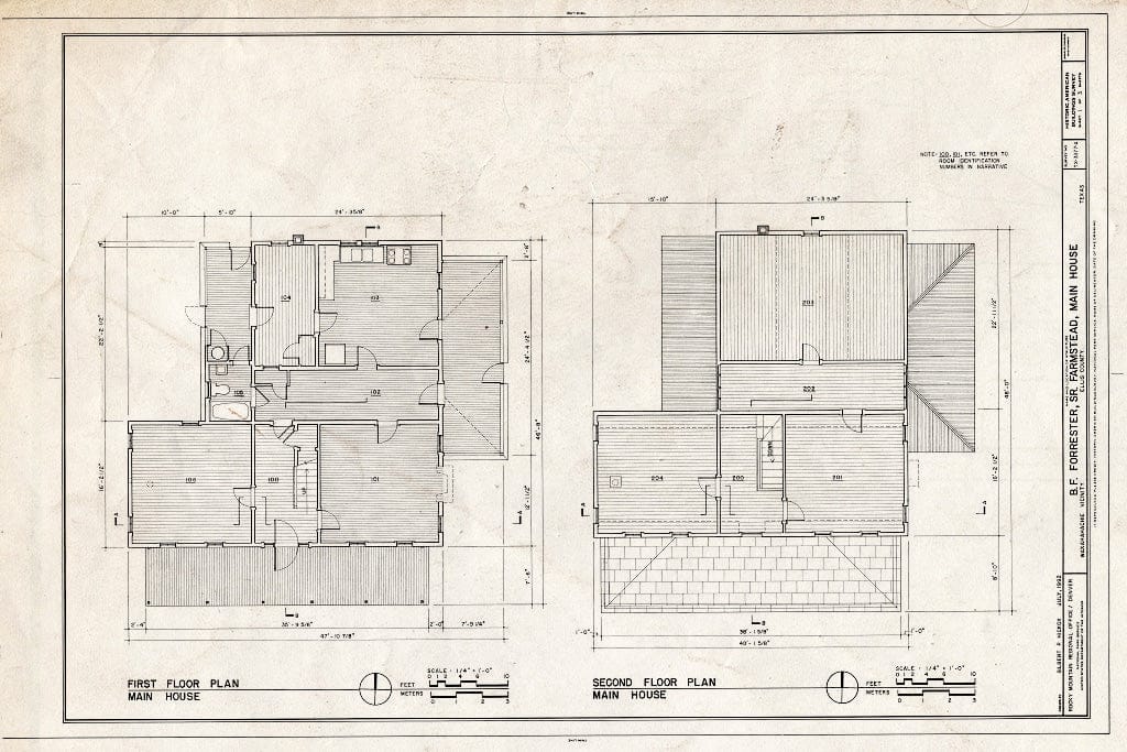 Blueprint First & Second Floor Plans - B.F. Forrester, Sr. Farmstead, Main House, 285 feet North of Boz Road, Waxahachie, Ellis County, TX