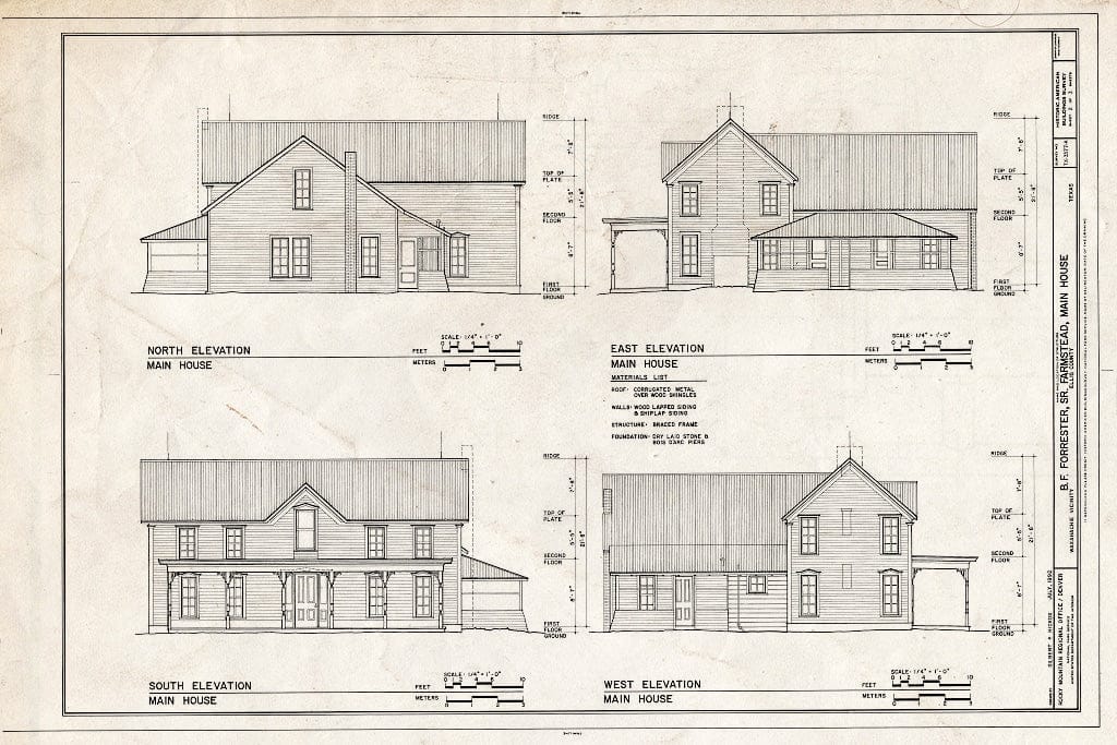 Blueprint Elevations - B.F. Forrester, Sr. Farmstead, Main House, 285 feet North of Boz Road, Waxahachie, Ellis County, TX