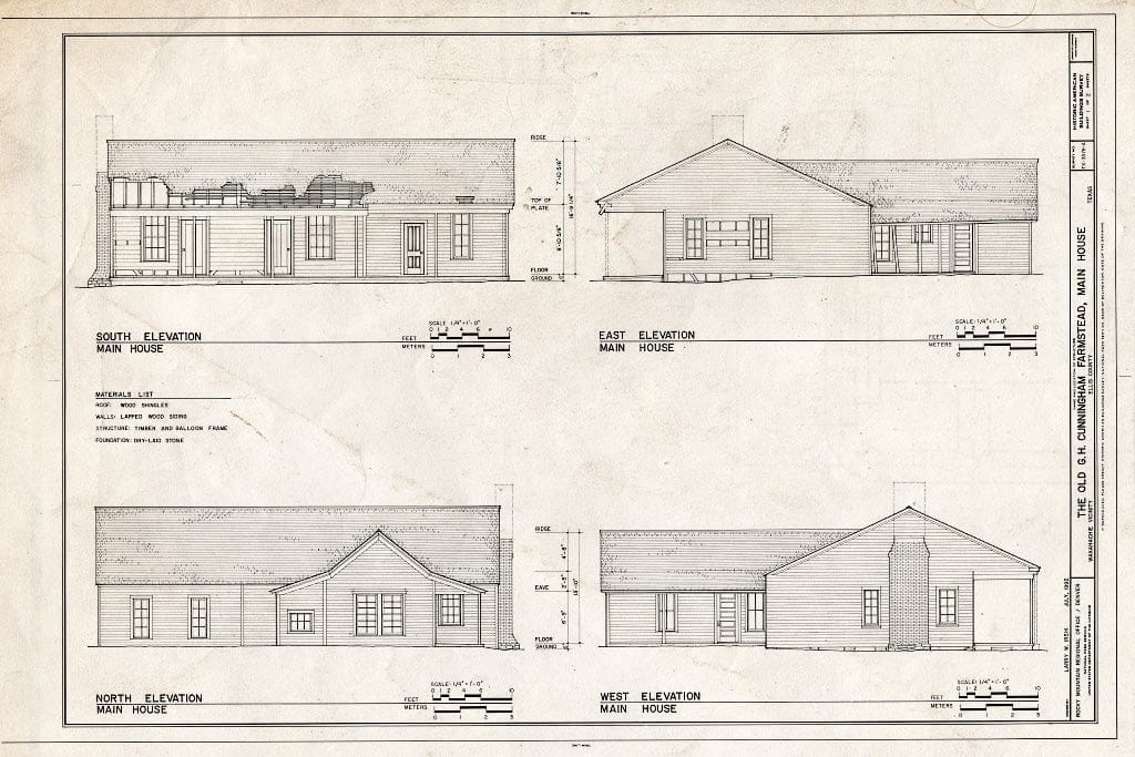 Blueprint Elevations - G. H. Cunningham Farmstead, Main House, 140 feet Southwest of Curry Road, Waxahachie, Ellis County, TX