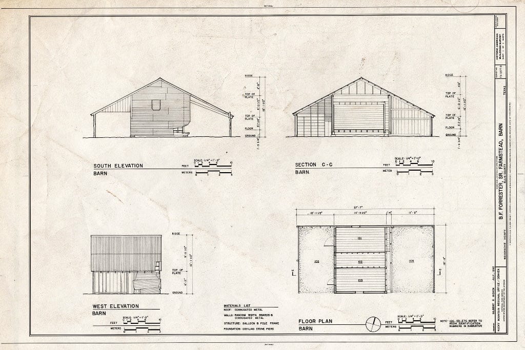 Blueprint Floor Plan, West & South Elevations and Section - G. H. Cunningham Farmstead, Garage, 25 feet Northwest of The Main House, Waxahachie, Ellis County, TX