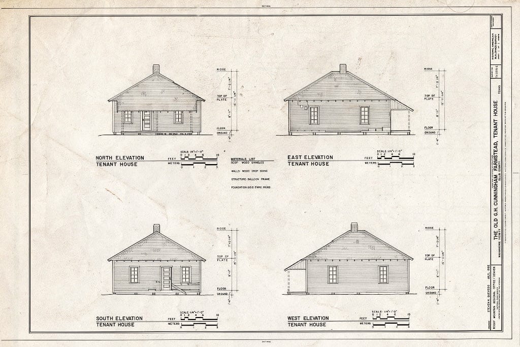 Blueprint Elevations - G. H. Cunningham Farmstead, Tenant House, 333 feet Northwest of The Main House, Waxahachie, Ellis County, TX