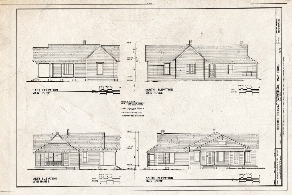 Blueprint Elevations - Roberts-Dolezal Farmstead, Main House, 70 feet Northwest of FM 1722 Road, Garrett, Ellis County, TX