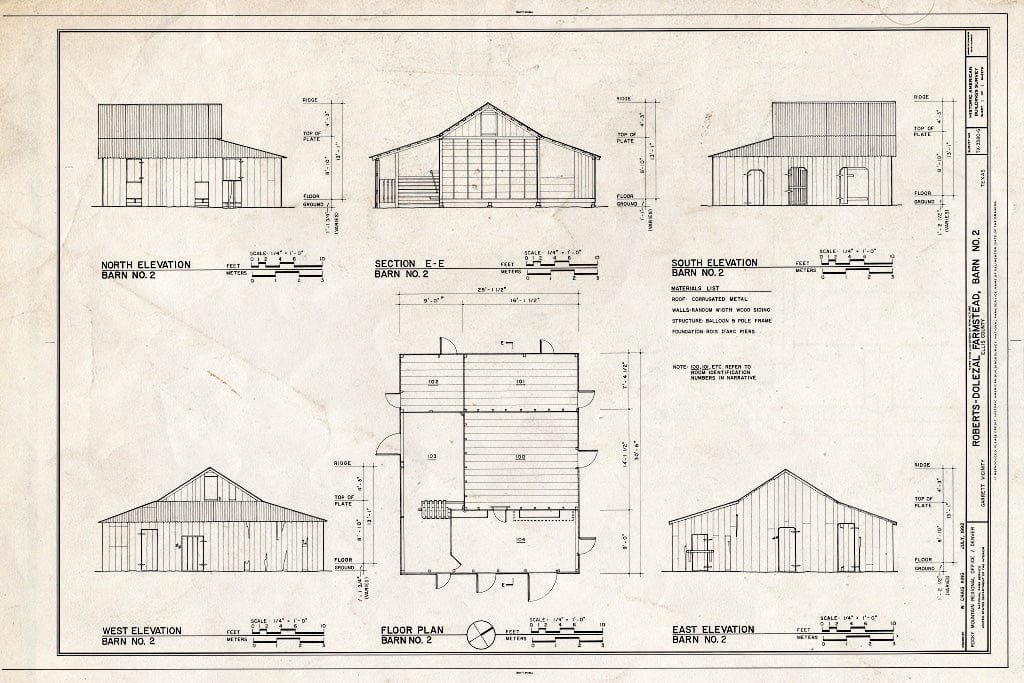 Blueprint Elevations, Section, and Floor Plan - Roberts-Dolezal Farmstead, Barn No. 2, 145 feet South of The Main House, Garrett, Ellis County, TX