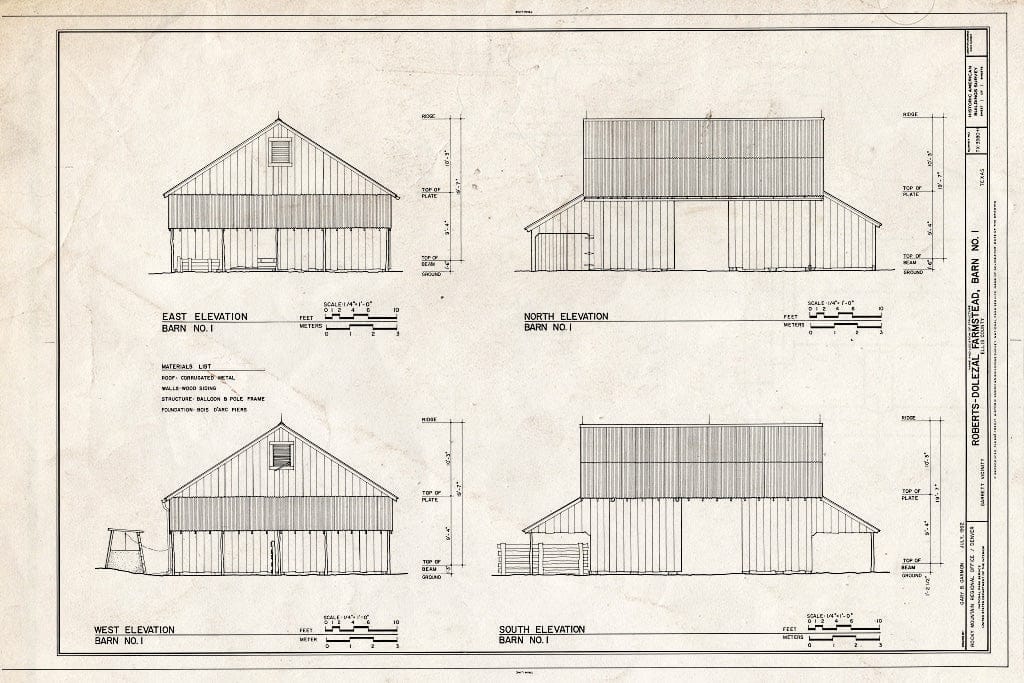 Blueprint Elevations - Roberts-Dolezal Farmstead, Barn No. 1, 181 feet Southeast of The Main House, Garrett, Ellis County, TX