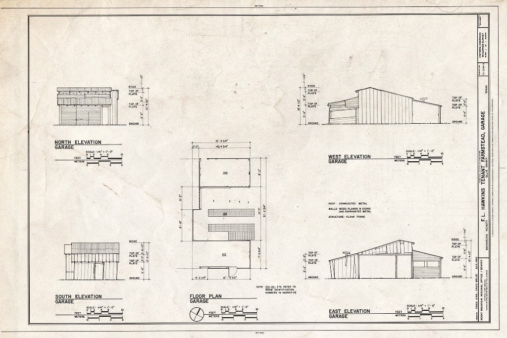 Blueprint Elevations and Floor Plan - F.L. Hawkins Tenant Farmstead, Garage, 37 feet Northwest of The Main House, Waxahachie, Ellis County, TX