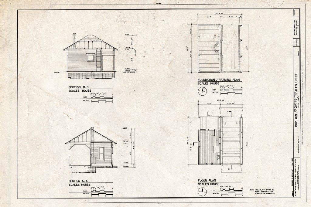 Blueprint Floor Plan, Foundation/Framing Plan, Sections - Boz Gin Complex, Scales House, 27.58 feet South of Great House Road, Waxahachie, Ellis County, TX