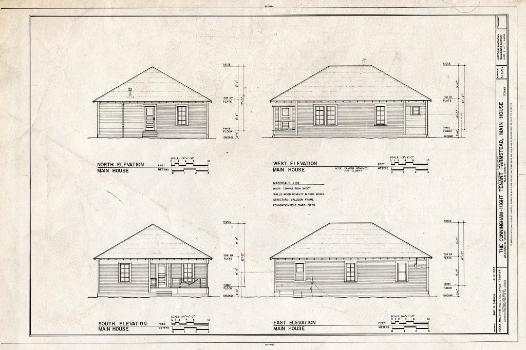 Blueprint Elevations - Cunningham-Hight Tenant Farmstead, Main House, 75 feet Northwest of Curry Road, Waxahachie, Ellis County, TX