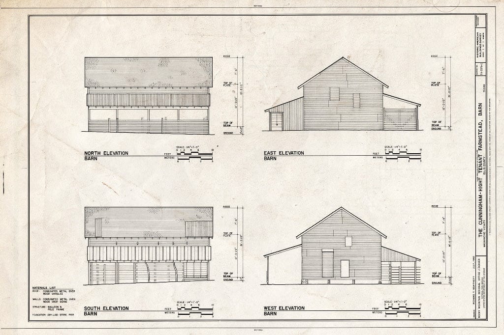 Blueprint Elevations - Cunningham-Hight Tenant Farmstead, Barn, 245 feet Northeast of The Main House, Waxahachie, Ellis County, TX