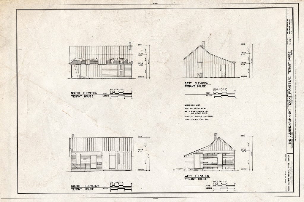 Blueprint Elevations - Cunningham-Hight Tenant Farmstead, Tenant House, 355 feet Northwest of The Main House, Waxahachie, Ellis County, TX